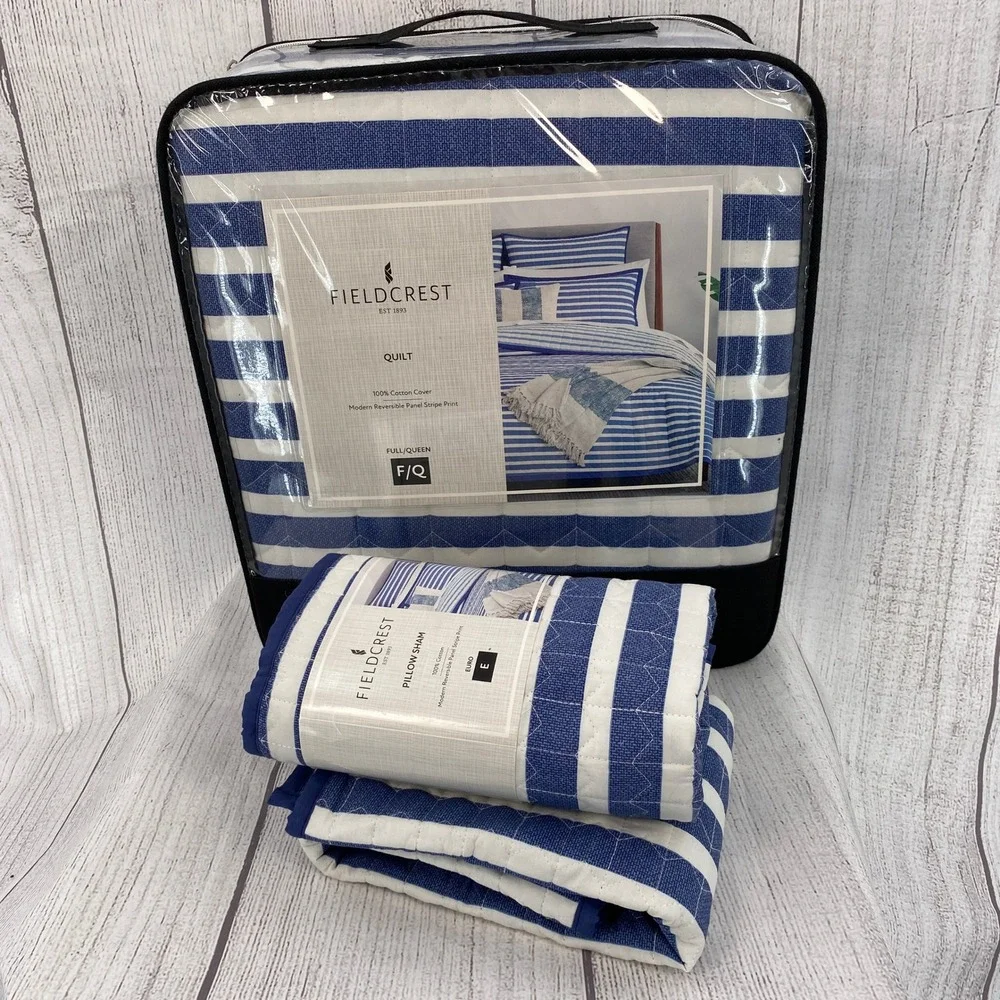 Fieldcrest Quilt Set Full Queen Euro Sham Cobalt Blue White Striped Reversible